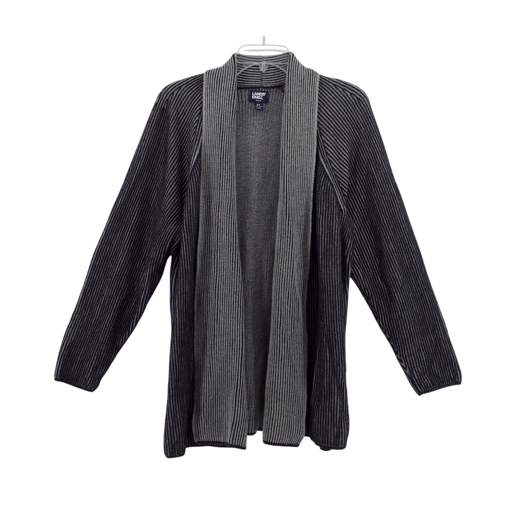 Lands End Drifter Cardigan Womens 2X Grey Ribbed Cotton Gorpcore Fall Open Front